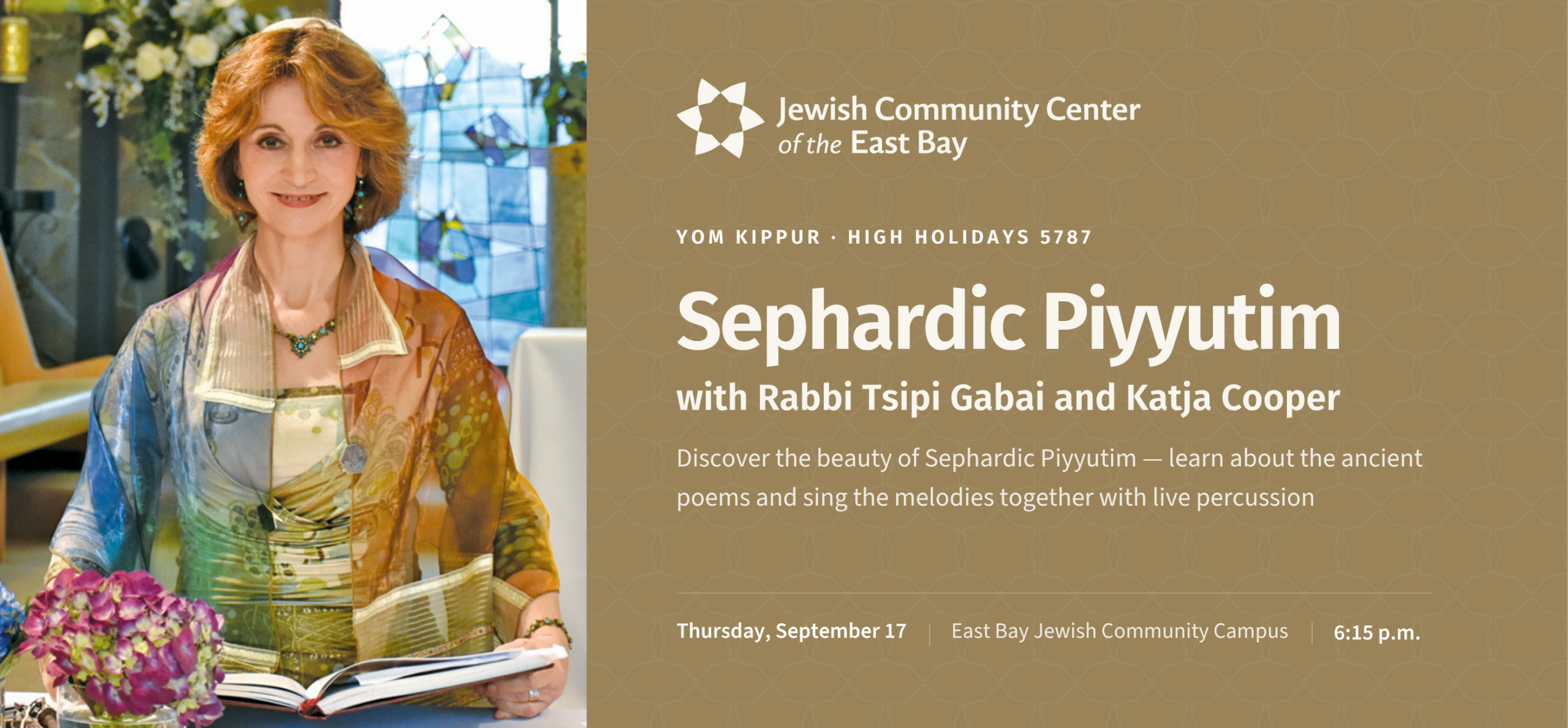 Join Rabbi Tsipi Gabai and percussionist Katja Cooper for a special musical and spiritual journey into the world of Sephardic Piyyutim — sacred Jewish poetry and prayer songs from the communities of Spain, North Africa, and the Middle East.